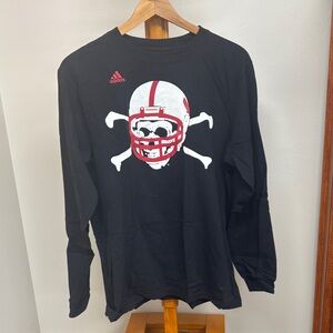 adidas Black Long Sleeve Tee with White & Red Football Skull Nebraska Football